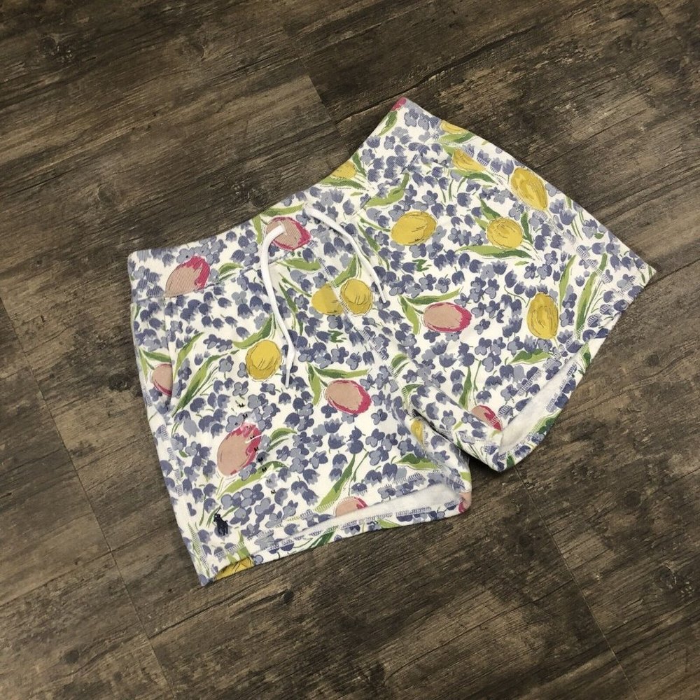 POLO RALPH LAUREN Floral Blue Tulip Drawstring Shorts Pockets Women Size Med